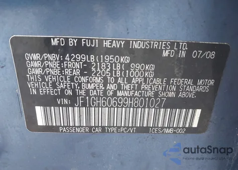 2009 Subaru Impreza 2.5I from USA, damaged, VIN JF1GH60699H801027
